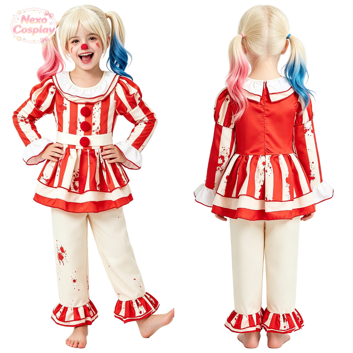Anime Cosplay Kid - Setelan Badut Horor Bergaris Merah Putih
